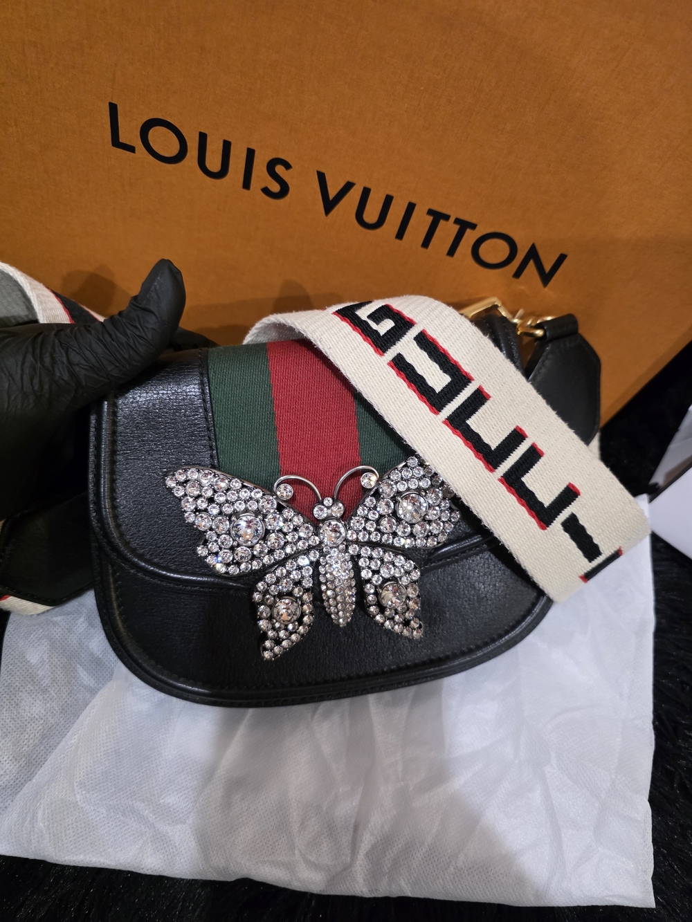Gucci Black Totem Leather Bag with Embellished Buttetfly and Webbing Strap